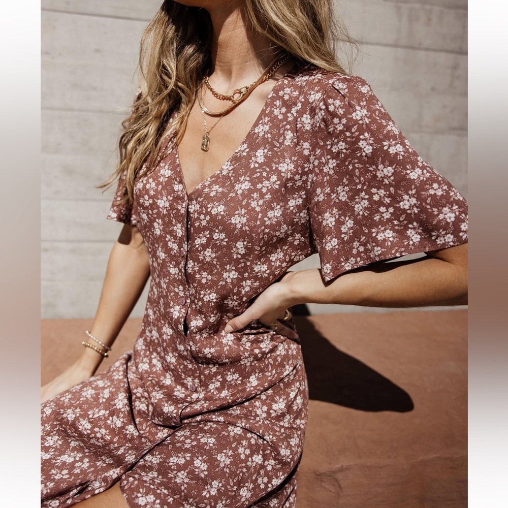 Bohme Flutter Sleeve Mauve Floral Midi Dress M